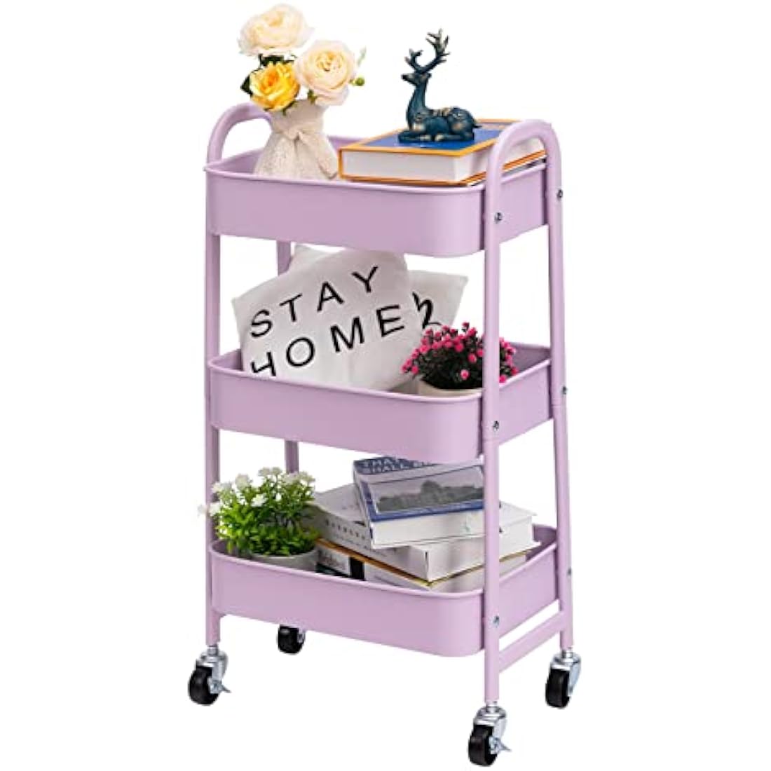 DOEWORKS 3-Tier Storage Cart Rolling Trolley Cart, Metal Utility Shelves with Wheels for Kitchen Makeup Bathroom Office, Light Purple
