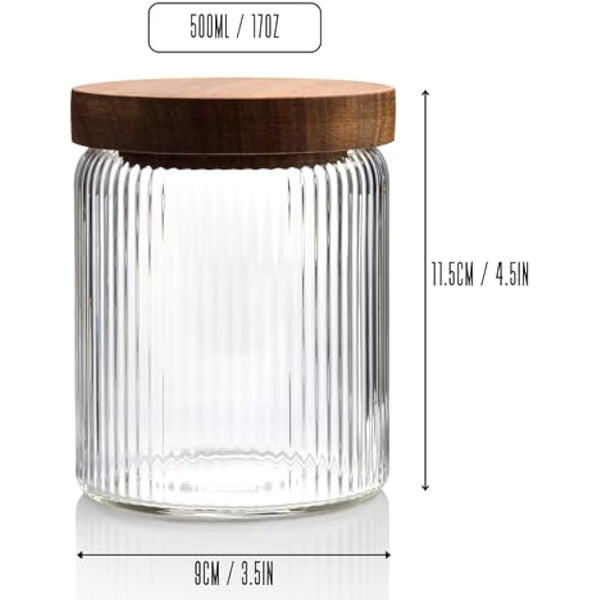 Mason & Fable Ribbed Glass Jar with Wooden Lid 500ml set of 3 | Airtight Glass Storage Canister for Food, Pasta, Coffee, Dog Treats, Snacks | Container for Home & Kitchen