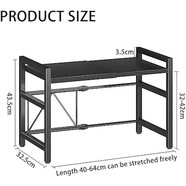 Expandable Microwave Oven Rack 2Tier microwave shelf,with 6 hooks Adjustable Carbon Steel Microwave Shelf,Kitchen Counter Organizer Shelf Stand,Pot Pan Grill Storage Racks, Width 40-64cm Black
