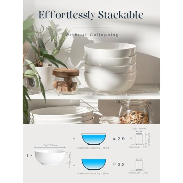 DOWAN Bowl Sets of 4, 1150ml Large Soup Bowls, Porcelain Deep Bowls for Ramen, Pasta, Salad, Mixed Fruit, Cereal, Microwave and Dishwasher Safe for Kitchen, Ø 17.8 cm