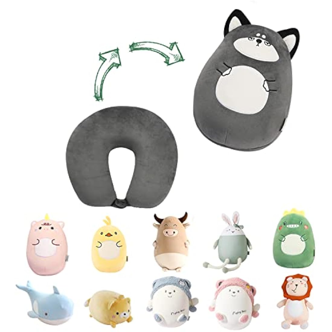 JOYRAVO Kids Travel Pillow - 2-in-1 Deformable Neck Pillow, Soft U-Shaped Pillow with Cute Plush Animals Comfy Sleep and Play Companion for Airplanes, Cars, and Travel - Husky