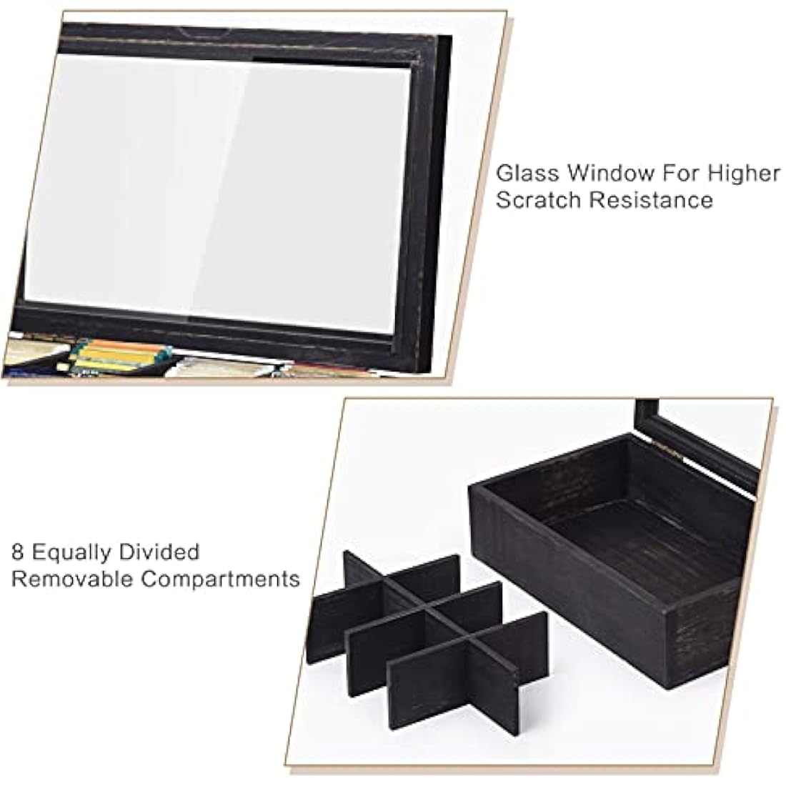 Alsonerbay Tea Box Organiser, Wooden Kitchen Tea Bag Storage Box for Organizing Spice Pouches and Sugar Packets with 8 Compartments and Clear Glass Cover Weathered Black