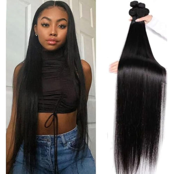 12A Brazilian Straight Human Hair Bundles 100% Unprocessed Virgin Human Hair Extensions 3 Bundles Machine Double Wefts for Women Natural Black Color 26 28 30 Inch