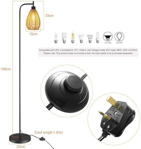 ArcoMead Farmhouse Floor Lamp, Tall Standing Whole Metal Light with Hand-Woven Paper Rope Teardrop Cage Head & Foot Switch, Boho Standing Lamps, Black Reading Lights for Bedroom, Living Room, Decor