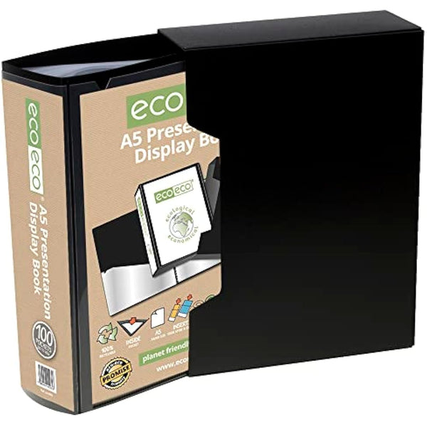 eco-eco A5 Size 50% Recycled 100 Pocket Black Presentation Display Book, Storage Case Portfolio Art Folder with Plastic Sleeves with Black Display Box