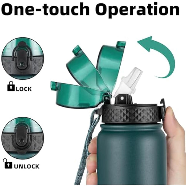 OLDLEY Stainless Steel Water Bottle with Straw 1L Vaccum Insulated Large Drink Flask Metal Water Bottles 1 Litre Leakproof Keep Drinks Hot Cold for Sports Gym Adult Women Men(Green Black, 1 Lid)