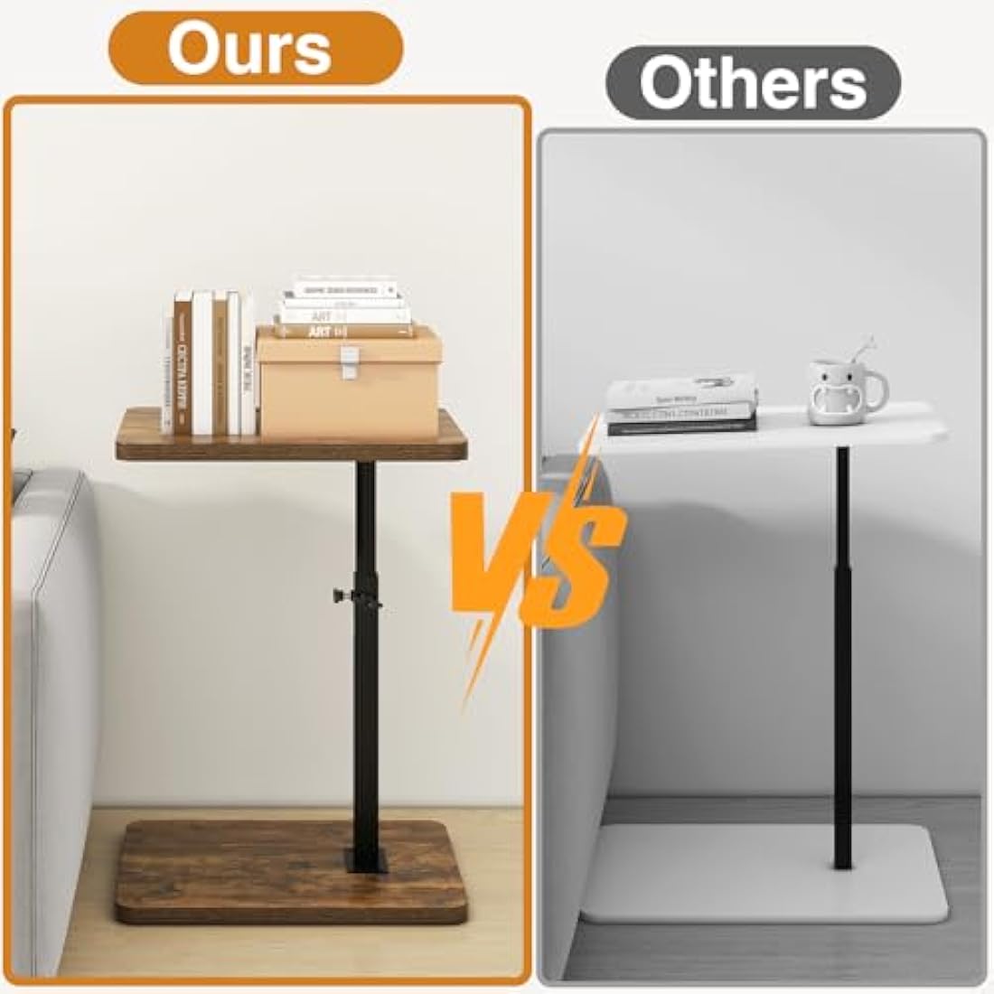 IBUYKE C Shaped Side Table, 360° Swivel Height Adjustable End Table for Small Spaces, with Phone & Tablet Slot, Modern Small Coffee Snack Table for Sofa/Bed, Retro Brown TVT003H