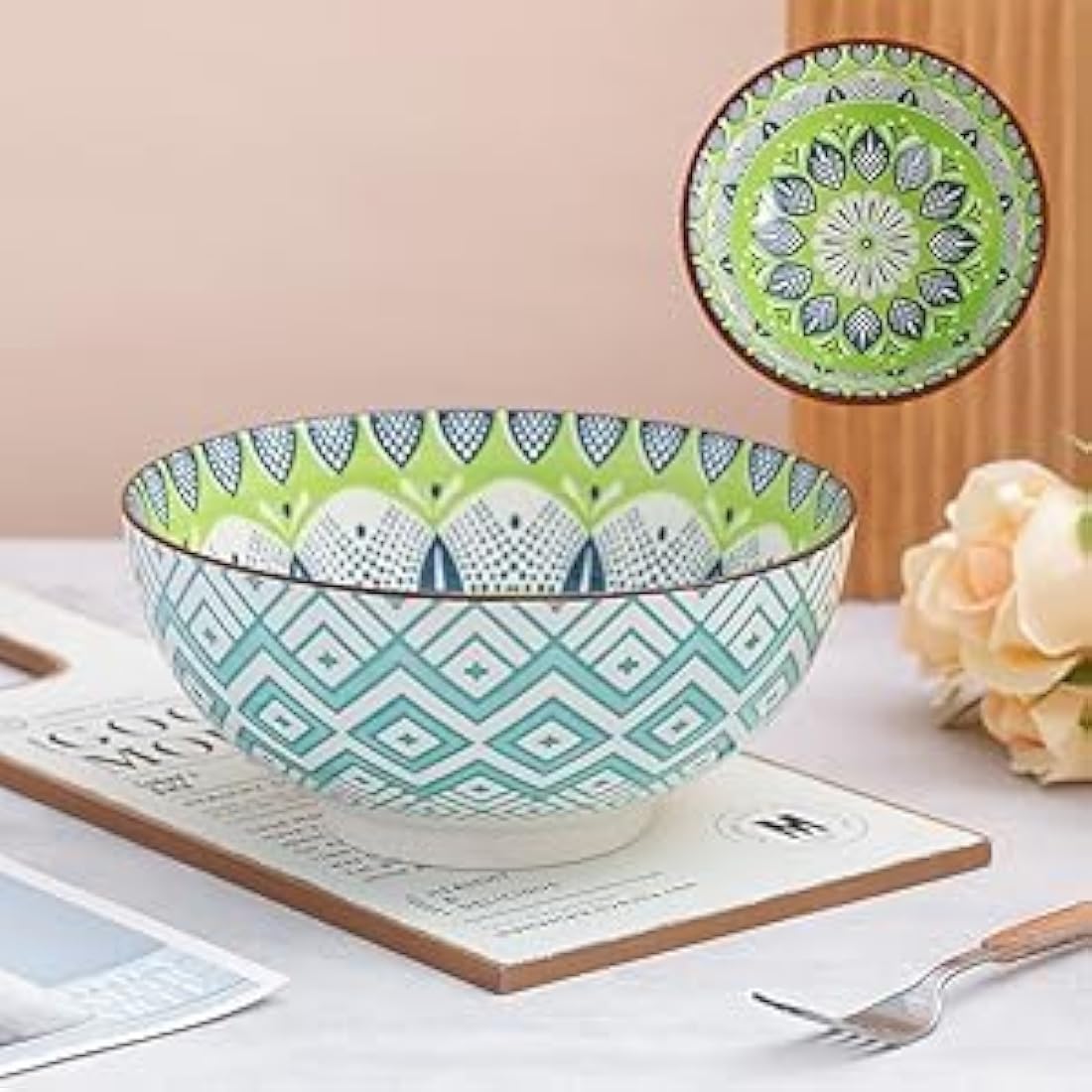 AHX Porcelain Large Serving Bowls - Salad Soup Noodle Ramen Bowls - Big Cereal Pasta Bowl Set - 3 Pack Large Capacity Ceramic Bowl Sets -Microwave & Dishwasher Safe - 8inch（57oz/1.8 Quart