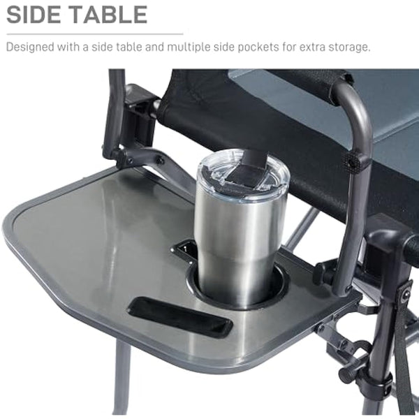 EVER ADVANCED Portable 76CM Seat Height Tall Folding Camping Chair Directors Chair High Foldable Bar Stool with Side Table for Makeup Artist, Sports Event, Craft Show, Supports 160KG Black Grey