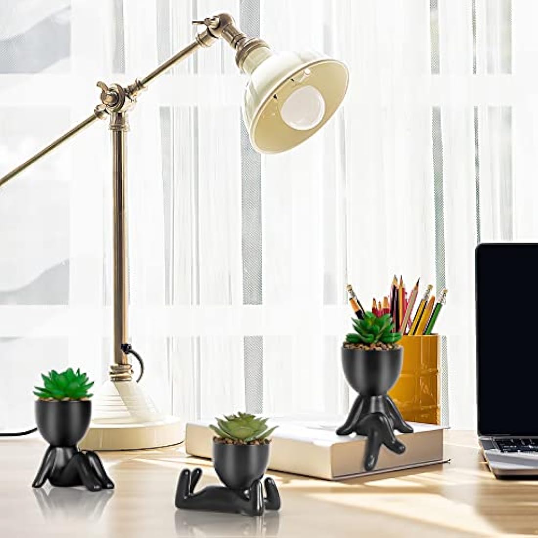 Dremisland Fake Succulents Plants Set of 3 Black Porcelain Pots with Small Artificial Plants Human Shaped Ceramic Pots Cute Faux Plant for Indoors Office Desk Shelf Decorations