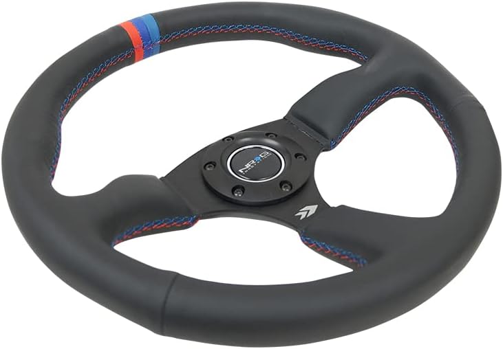 NRG Innovations NRG-RST-023MB-R-M3 Reinforced Steering Wheel 350mm Diameter 50mm Depth Sport Leather Racing (2.5" Deep) Comfort Grip, 4mm Matte Black Spoke With M3 Stitching And Line