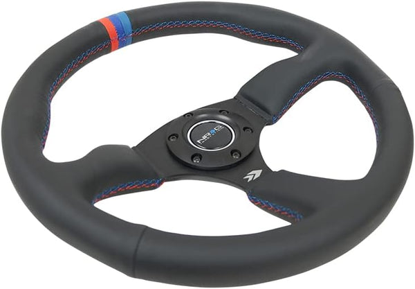 NRG Innovations NRG-RST-023MB-R-M3 Reinforced Steering Wheel 350mm Diameter 50mm Depth Sport Leather Racing (2.5" Deep) Comfort Grip, 4mm Matte Black Spoke With M3 Stitching And Line