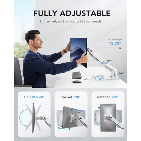 HUANUO Single Monitor Arm, 13 to 32 Inch White Monitor Mount, Adjustable Arm Fits 19.8lbs Computer Screens, 75 & 100mm Vesa Mount with Clamp and Grommet Base