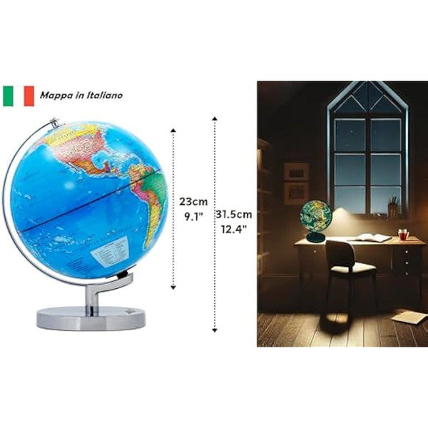 EXERZ 23 cm illuminate globe metal base - Italian Map - student globe with wire-free LED lighting, political map (time of day), constellation stars (night)