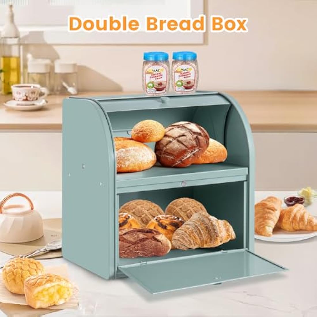 Esilihom Bread Bin, Bread Bins for Kitchen, 2-Layer | Large | Roll Top | 30 x 24.5 x 32.5cm, Green