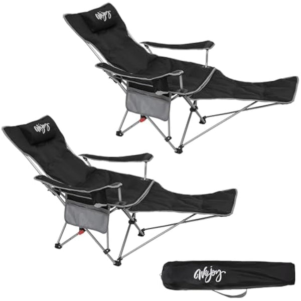 #WEJOY Camping Chairs Folding Recliner Chair Adjustable with Detachable Footrest Headrest Cup Holder Lightweight Portable Padded Reclining Camp Chair Fold Up Chair for Beach Garden,Black Set of 2