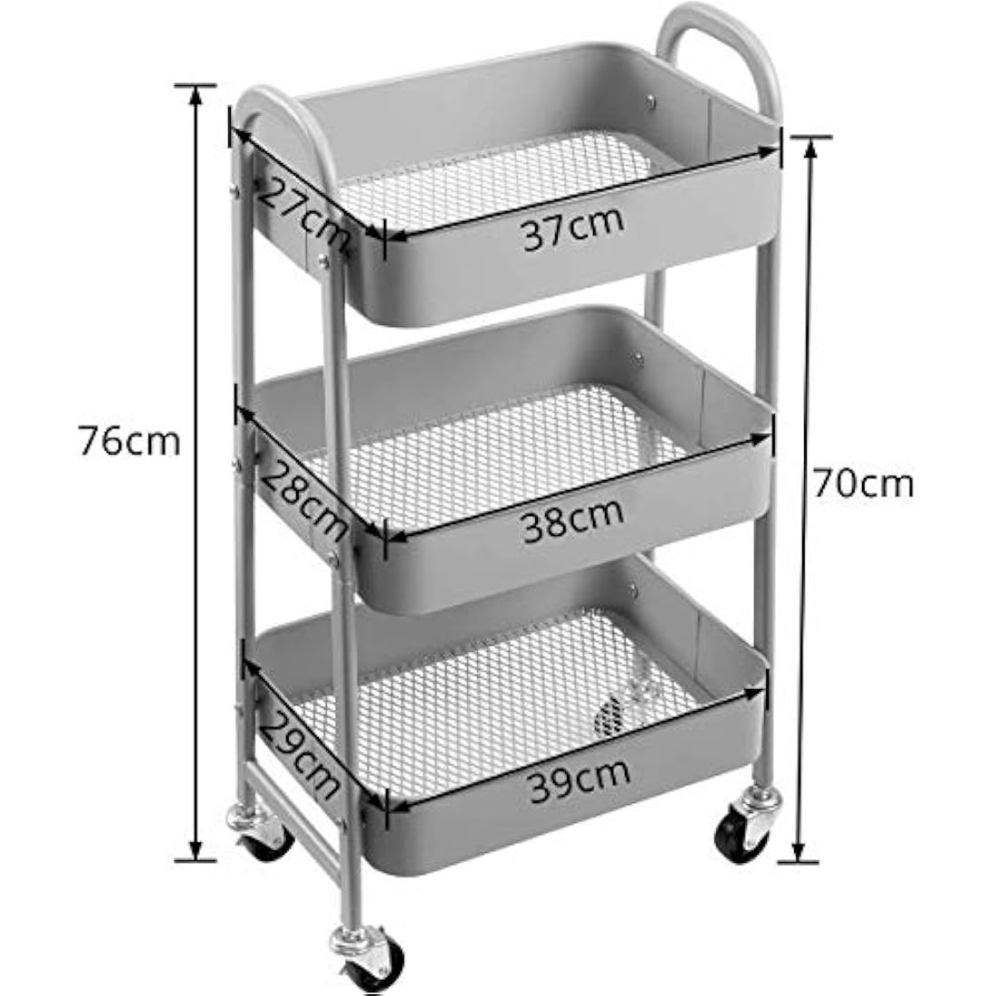 DOEWORKS Storage Trolley on Wheels 3-Tier Kitchen Trolley Rolling Beauty Trolleys Craft Trolleys Metal Storage Cart for Bedroom Bathroom Office, Grey