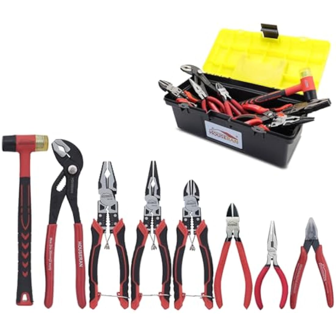 HOUSERAN Plier Set,8-Piece Tool Set with Case Including 10” Groove Joint Pliers,8.3” Long Nose,8.3” Linesman,7.5” Diagonal,6” Flush Cutter,5” Long Nose,5” 170 Cutter,Rubber Mallet for DIY & Home Use