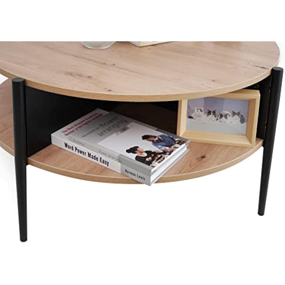 7RiversART Wood Round Coffee Table with 2-Tier Storage Partitioned Shelf Industrial Modern Design Sofa Table for Living Room