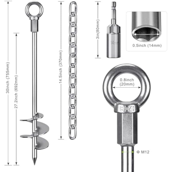 Insaga Tent Peg, 76cm Heavy Duty Ground Anchor Large Metal Earth Stake Spiral Blade Screw in Trampolines Spike for Swing Set/Camping/Shed/Dog/Carport with 37cm Fixed Chain, 2 Pack
