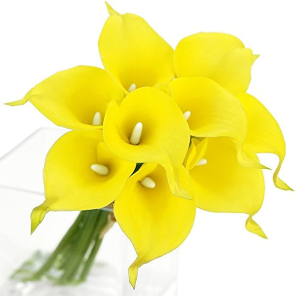 FiveSeasonStuff 10 Stems Real Touch Calla Lilies Artificial Flower Bouquet, Perfect Wedding, Bridal, Party, Home Office Décor DIY (Yellow & White Pistil)