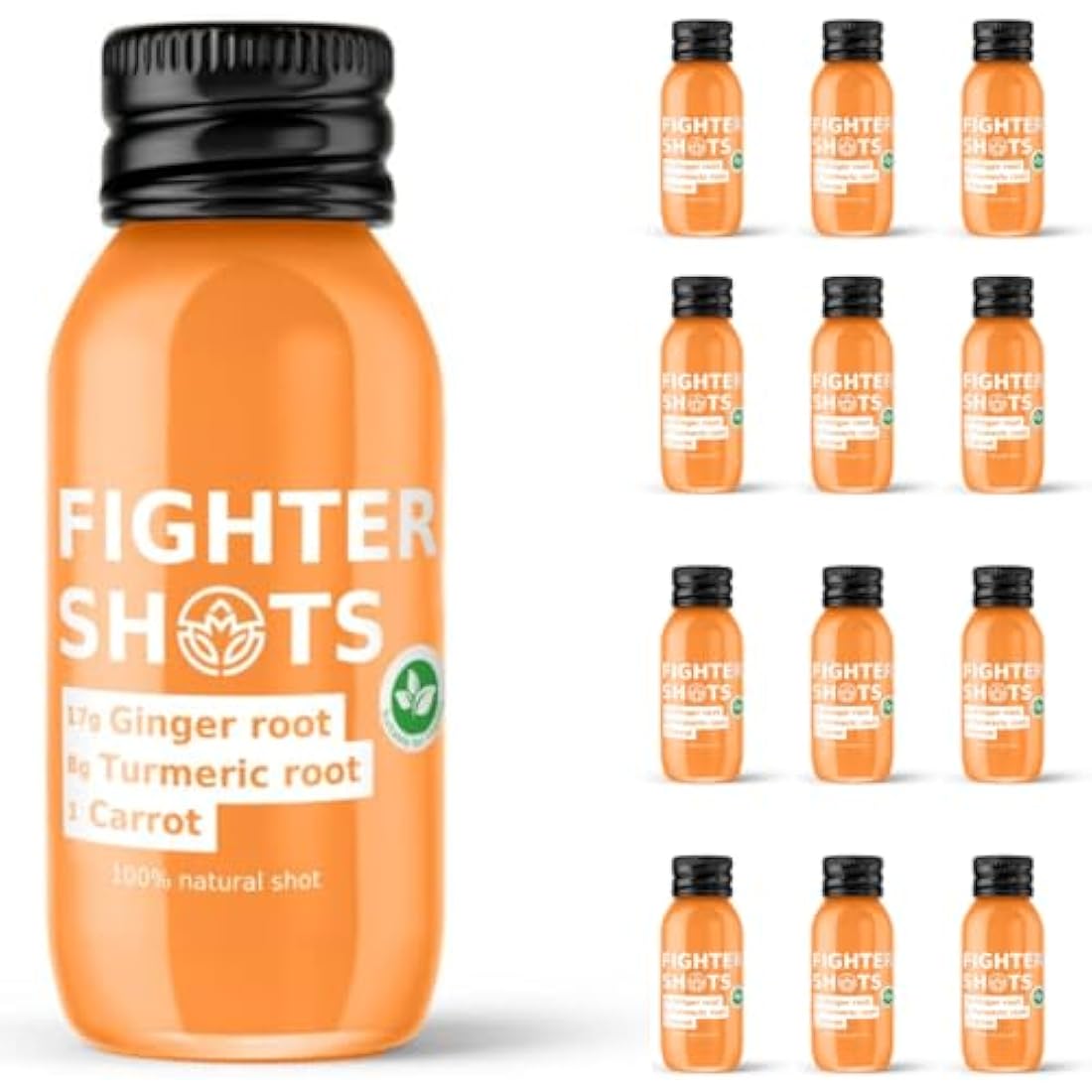 Fighter Shots Ginger Turmeric Shots (Vegan/12x60ml) | Fresh & Fiery Ginger Shots for Immune Support | Boosts Energy | 100% Natural/No Nasties | Rich in Antioxidants | Packed with Vitamin C