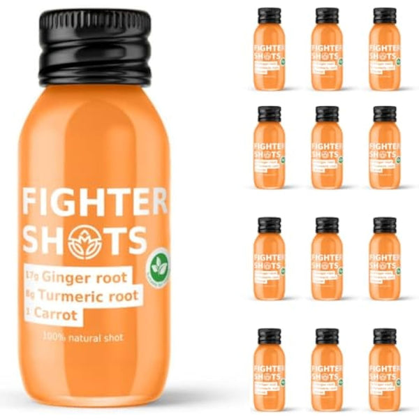 Fighter Shots Ginger Turmeric Shots (Vegan/12x60ml) | Fresh & Fiery Ginger Shots for Immune Support | Boosts Energy | 100% Natural/No Nasties | Rich in Antioxidants | Packed with Vitamin C
