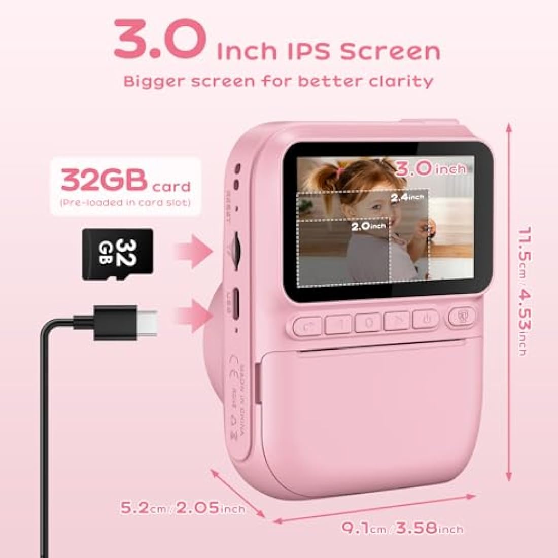 GREENKINDER Kids Camera Instant Print, 3.0'' Large Screen Instant Camera for Kids, 1080P Kids Digital with 32GB Card & 3 Rolls Print Paper, Gift Toy Selfie for Girls Age 3-12, Pink
