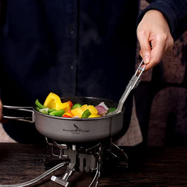 iBasingo 1000ml Titanium Frying Pan 19cm Camping Cookware with Lid & Folding handle Outdoor Lightweight Portable Griddle Hiking Skillet Dish Plate Bowl Kitchen Cooking Kit