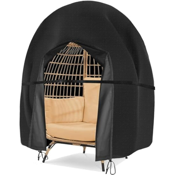 wide smile Double Egg Chair Cover Outdoor Waterproof Heavy Duty Garden Cocoon Wicker Patio 2 Seat Large Egg Swing Chair Pod Cover 420D Oxford Fabric With Zipper and Drawstring 230x200CM Black
