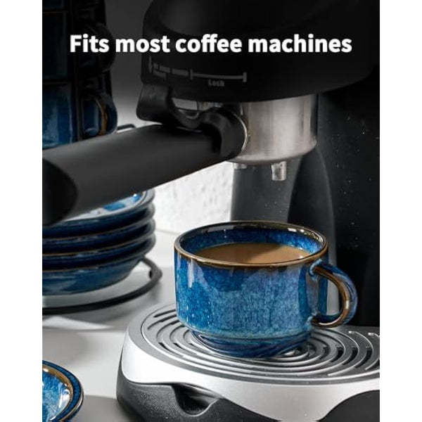 HOME DECOR Cappuccino Cups Set - Reactive Glaze Process - 6 x 140 ml Coffee Cups with Saucer & Stand - Elegant Ceramic Cups for Espresso, Cappuccino and Latte - Reactive Glaze Blue