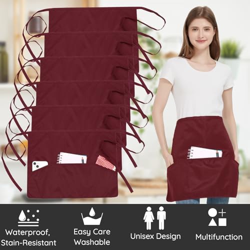 FunChaos 6 Pack Black Waist Apron, Waitress Apron with 3 Pockets, Waterproof Half Apron for Men and Women, Chef Apron for Cooking Cleaning Painting Gardening Bistro Restaurant