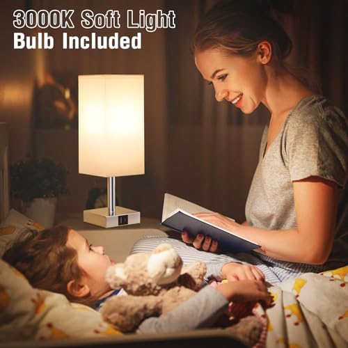 Aooshine Bedside Lamps Set of 2, Touch Lamps Bedside with USB-C+A Charging Ports, Table Lamp with 3-Way Dimmable, Small Table Lamps for Bedroom with White Fabric Shade(Bulbs Included)