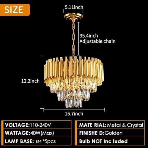 Gold Modern Crystal Chandeliers 3-Tier K9 Round Crystal Light Fixture Small Gold Chandeliers Ceiling Light Fixture for Dining Room Living Room Bedroom Entryway E14*5Light
