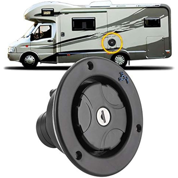 RV Fresh Water Locking Cap, Round Freshwater Inlet Lockable Leakproof Water Filler Cap with 2 Keys for RV Caravan Motorhome, Black