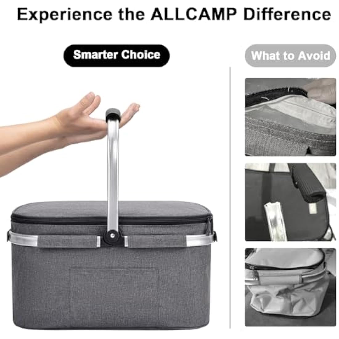 ALLCAMP Cool Bag - Insulated Shopping Basket with Lid, Ice Box Cooler,Removable Picnic Basket for 4 People, Thick Thermal Basket with Aluminum Frame (Large Gray)