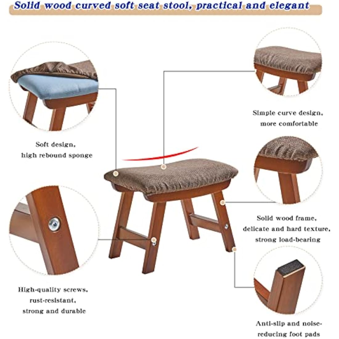 Aibiju Wooden Footstool, Foot Stool Ottoman Padded Chair Stool with Removable Cover 4 Beech Legs Suitable for Bedroom, Living Room and Kitchen, (Brown leg+ Brown cushion), YDEU-1359