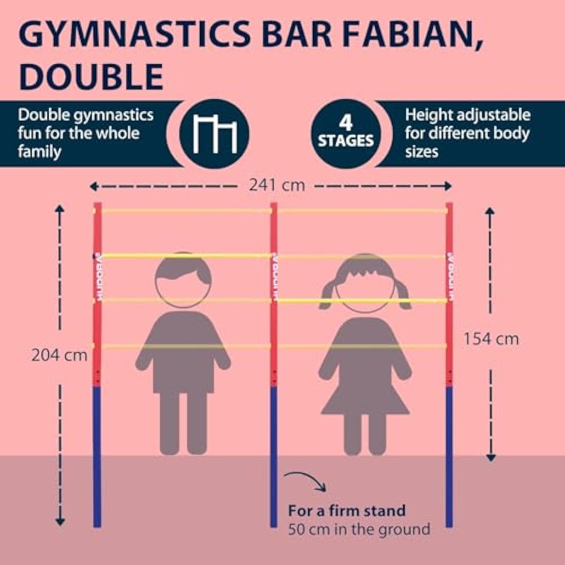 HUDORA Gymnastics Bar Fabian Standard/Pro - Single/double gymnastics bar for children & adults - 4 level height-adjustable gymnastics bar - Sturdy outdoor fitness bar for up to 100kg