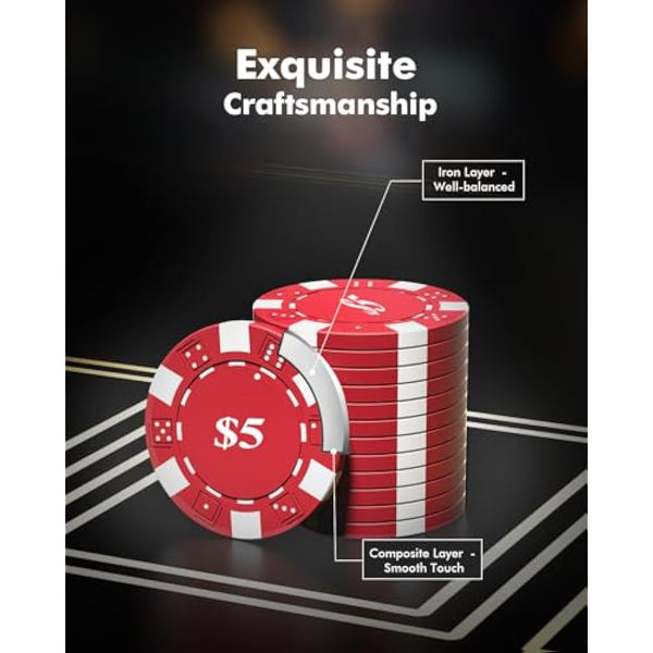 HEITOK Poker Chips with Denominations, 600-pcs 11.5g Weighted Numbered Casino Chips Set, 2 Decks with Compact Aluminum Case for Texas Hold'em, Blackjack