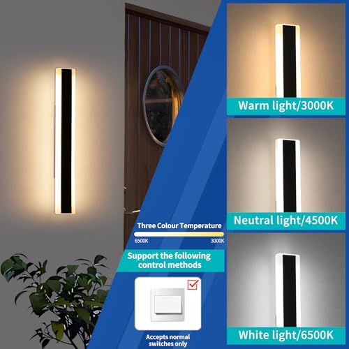 Mikeru 60cm Outdoor Long Wall Light, 2pack 3 Colours 3000k Warm White/4500k Neutral/6000k Cold White LED Outdoor Wall Light, IP65 Rainproof Modern Acrylic Wall Sconce for Patio, Garage, Porch