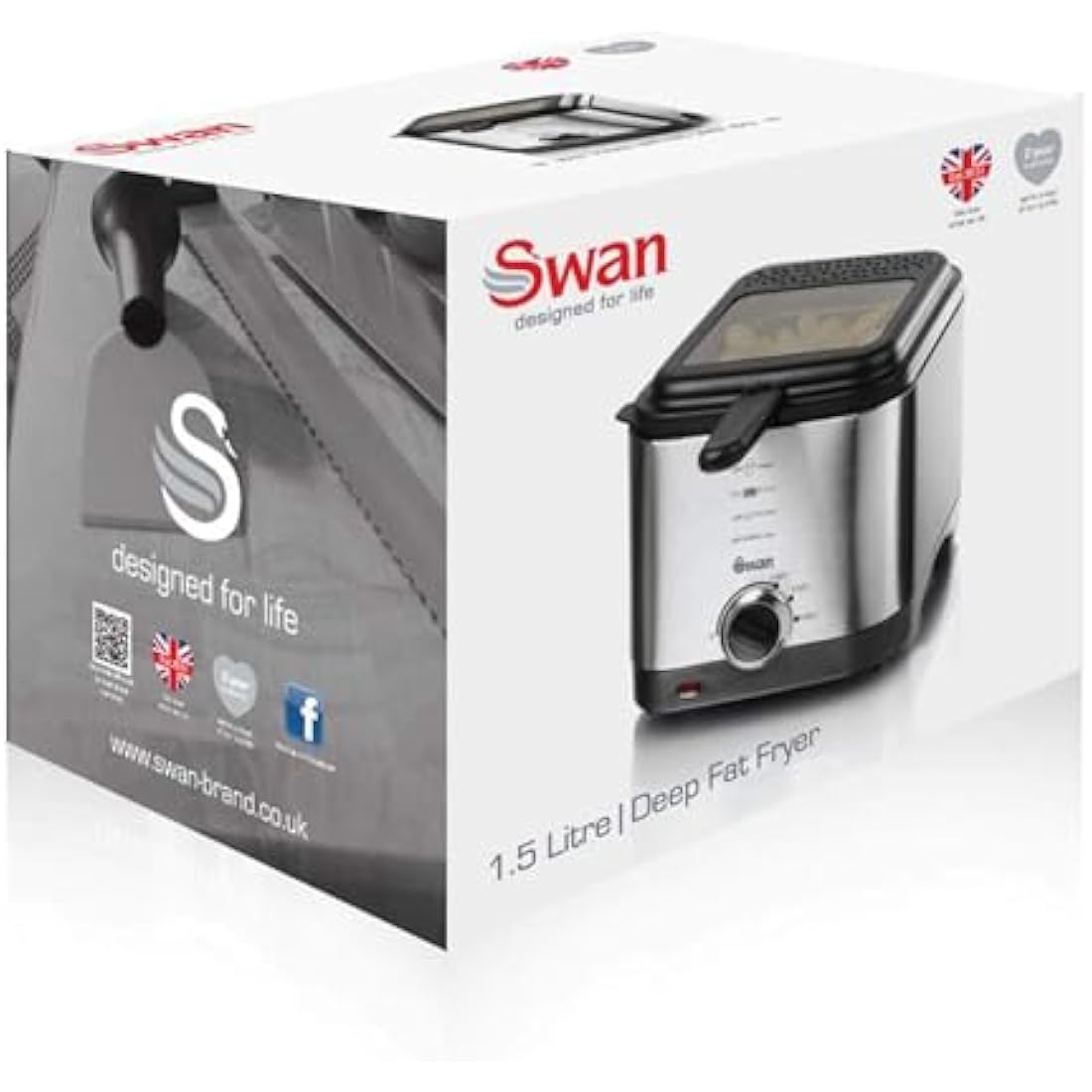 Swan SD6060N 1.5 litre Stainless Steel Fryer with Viewing Window, Non-Stick Coating for Easy Cleaning and Adjustable Thermostat with Indicator Light, Detachable Basket Handle, 900W, Silver