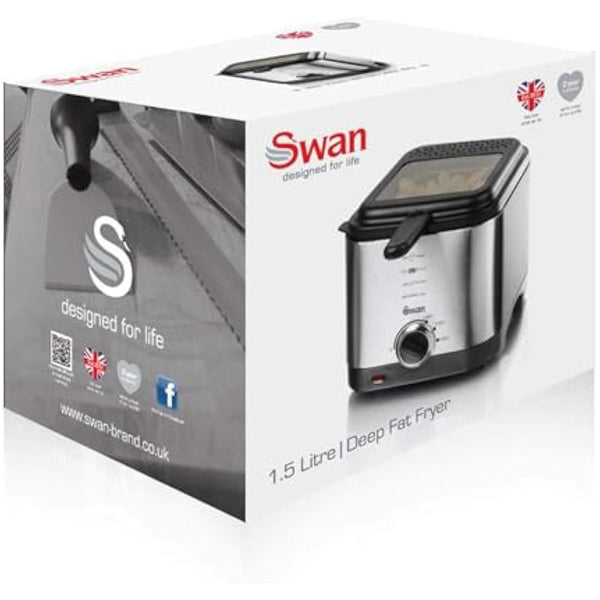 Swan SD6060N 1.5 litre Stainless Steel Fryer with Viewing Window, Non-Stick Coating for Easy Cleaning and Adjustable Thermostat with Indicator Light, Detachable Basket Handle, 900W, Silver