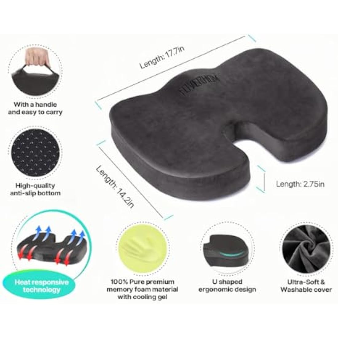foverhom Gel Seat Cushion for Long Sitting,Office Chair Cushion for Tailbone Pain Relief,Non Slip Orthopedic 50 Density Slow Rebound Memory Foam Car Seat Cushion with Handle and Concealed Zipper