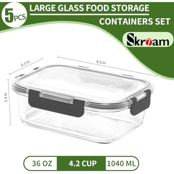 Skroam 5-Packs 36OZ Glass Food Storage Containers with Lids Airtight, Glass Meal Prep Container for Lunch, Pantry Organizers and Storage, Glass Lunch Boxes for Freezer to Oven Safe, Leak Proof
