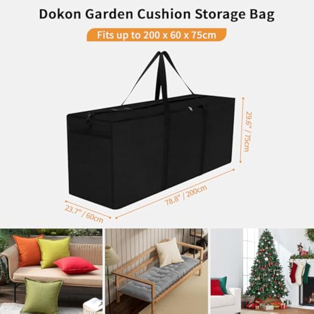 Dokon Garden Furniture Cushion Storage Bag Waterproof Christmas Tree Storage Bag Anti-UV Heavy Duty Oxford Fabric Outdoor Cushion Bags with Durable Handle and Zipper (200x60x75cm) - Black