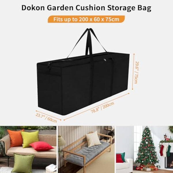 Dokon Garden Furniture Cushion Storage Bag Waterproof Christmas Tree Storage Bag Anti-UV Heavy Duty Oxford Fabric Outdoor Cushion Bags with Durable Handle and Zipper (200x60x75cm) - Black