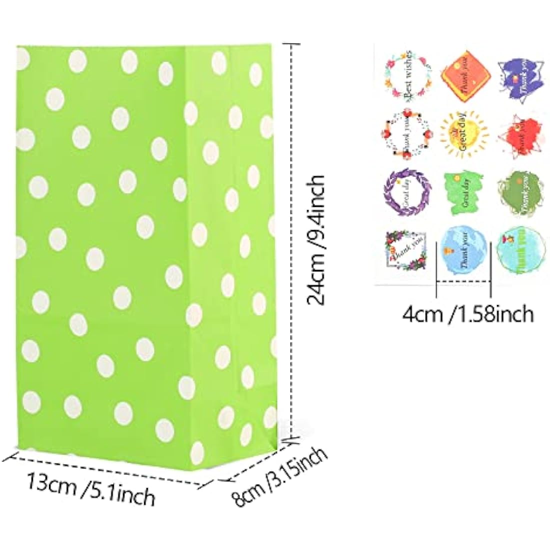 50 PCS Paper Party Bags for Kids, TOOELMON Dots Kraft Paper Gift Bags Candy Goodie Treat Bags with 60 PCS Stickers for Birthday, Picnic, Wedding Parties (130 * 80 * 240mm, Round Dot-50pcs)