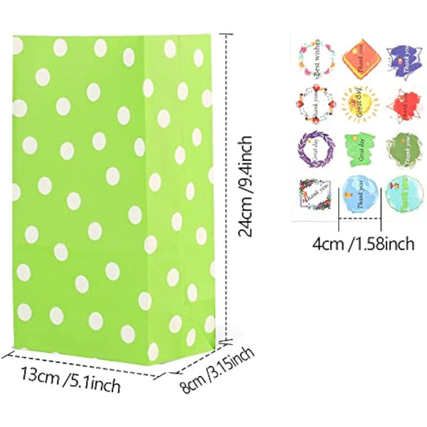50 PCS Paper Party Bags for Kids, TOOELMON Dots Kraft Paper Gift Bags Candy Goodie Treat Bags with 60 PCS Stickers for Birthday, Picnic, Wedding Parties (130 * 80 * 240mm, Round Dot-50pcs)