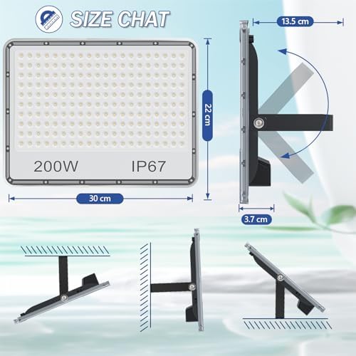 TASINUO 200W LED Floodlight Outdoor, 20000LM Outdoor Security Lights, IP67 Waterproof LED Spot Lights 7000K Daylight LED Flood Lights for Garden, Yard, Garages, Warehouse, Patio, Billboard