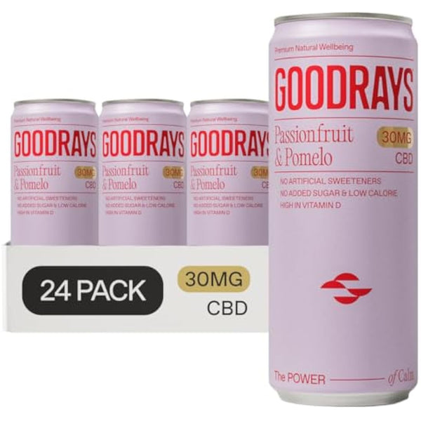 Goodrays - 30mg CBD Drink - 24 x 250ml Cans - Passionfruit & Pomelo - Natural Flavours, Low Calorie, Vegan - High Strength (30mg/can), All Natural - Reduce Stress & Unwind, Packaging May Vary